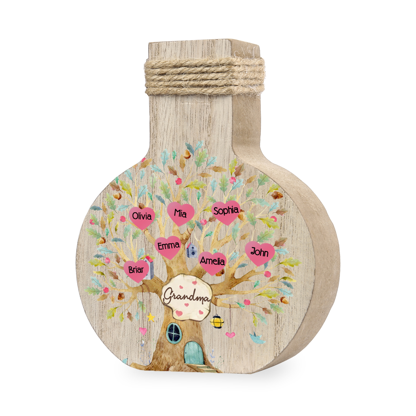 7 Names - Personalized Custom Text and Name Family Tree Wooden Decorative Vase as a Gift for Grandma