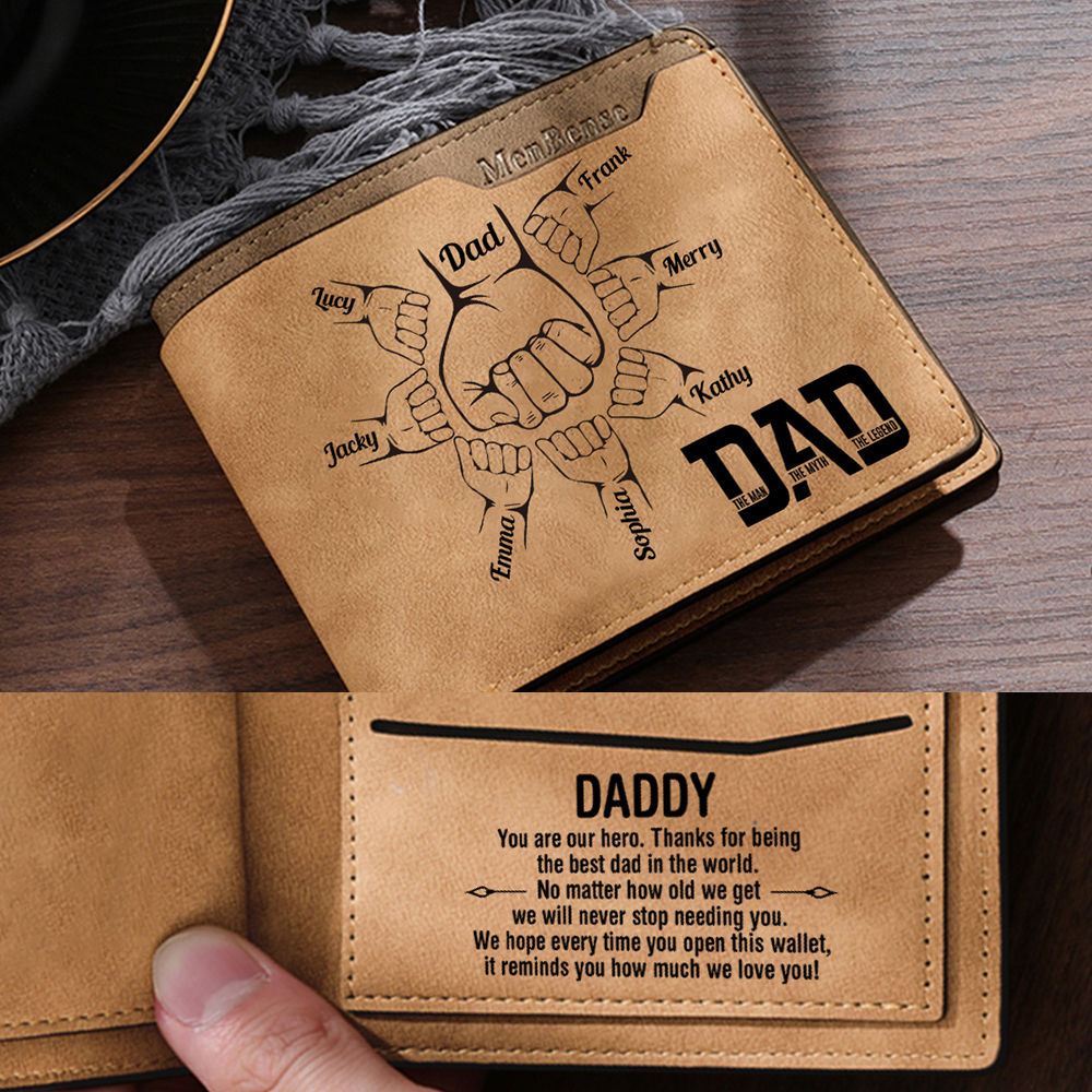 8 Names - Personalized Fist Bump Pattern Custom Name Leather Men's Wal