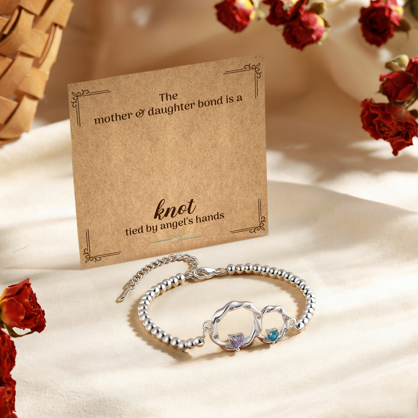 Personalized Mother Daughter Linked Circle Bracelet Custom with 2 Birthstones