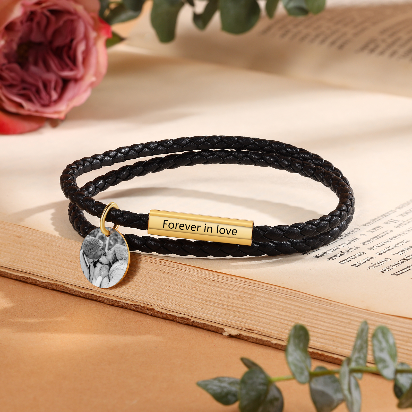 Personalized Text Leather Bracelet Custom Photo EngravedStainless Steel Bracelet Personalized Gift for Him/Her