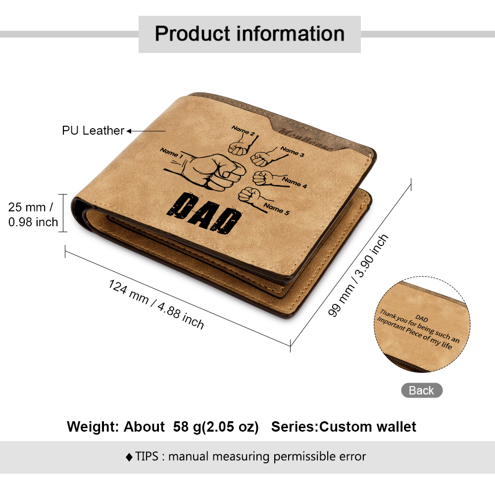 5 Names - Personalized Leather Men's Wallet Custom Photo Fist Fold Wallet with Gift Box for Dad
