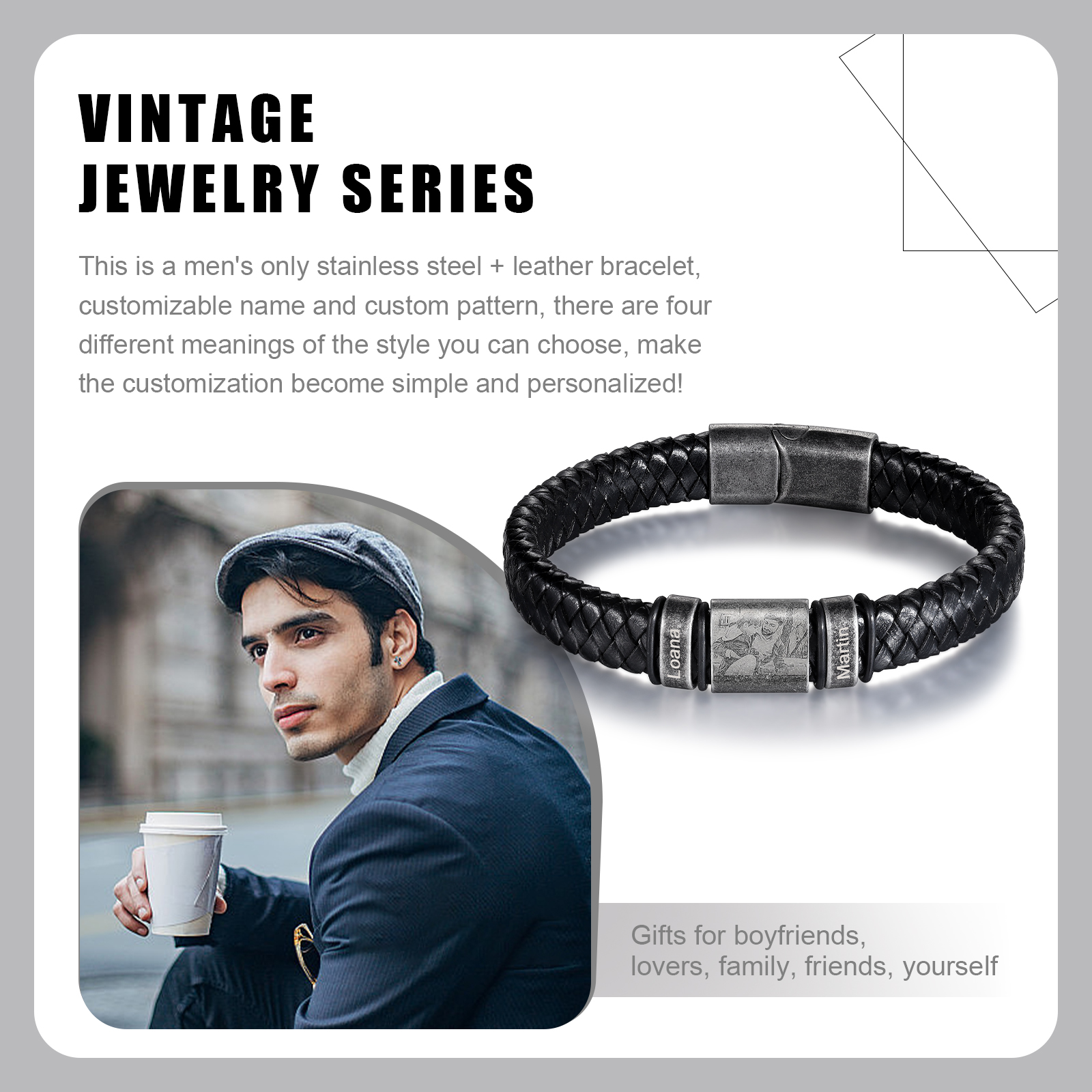 2 Names-Vintage Men's Bracelet Engraved Beads Custom Photo Leather Bracelet Gift for Him