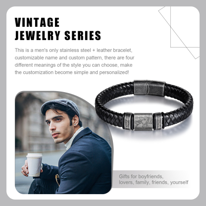 2 Names-Vintage Men's Bracelet Engraved Beads Custom Photo Leather Bracelet Gift for Him