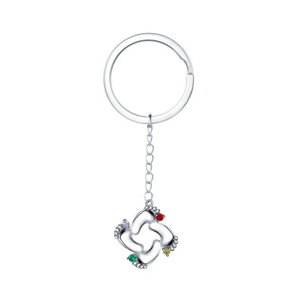 Personalized Baby Feet Keychain With 4 Birthstones Engraved names Keychain Gifts For Mother