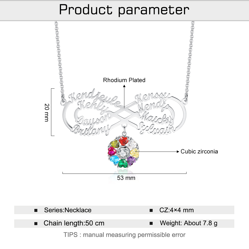 Personalized Infinity Necklace With 8 Birthstones Engraved Names Necklace Gift For Women