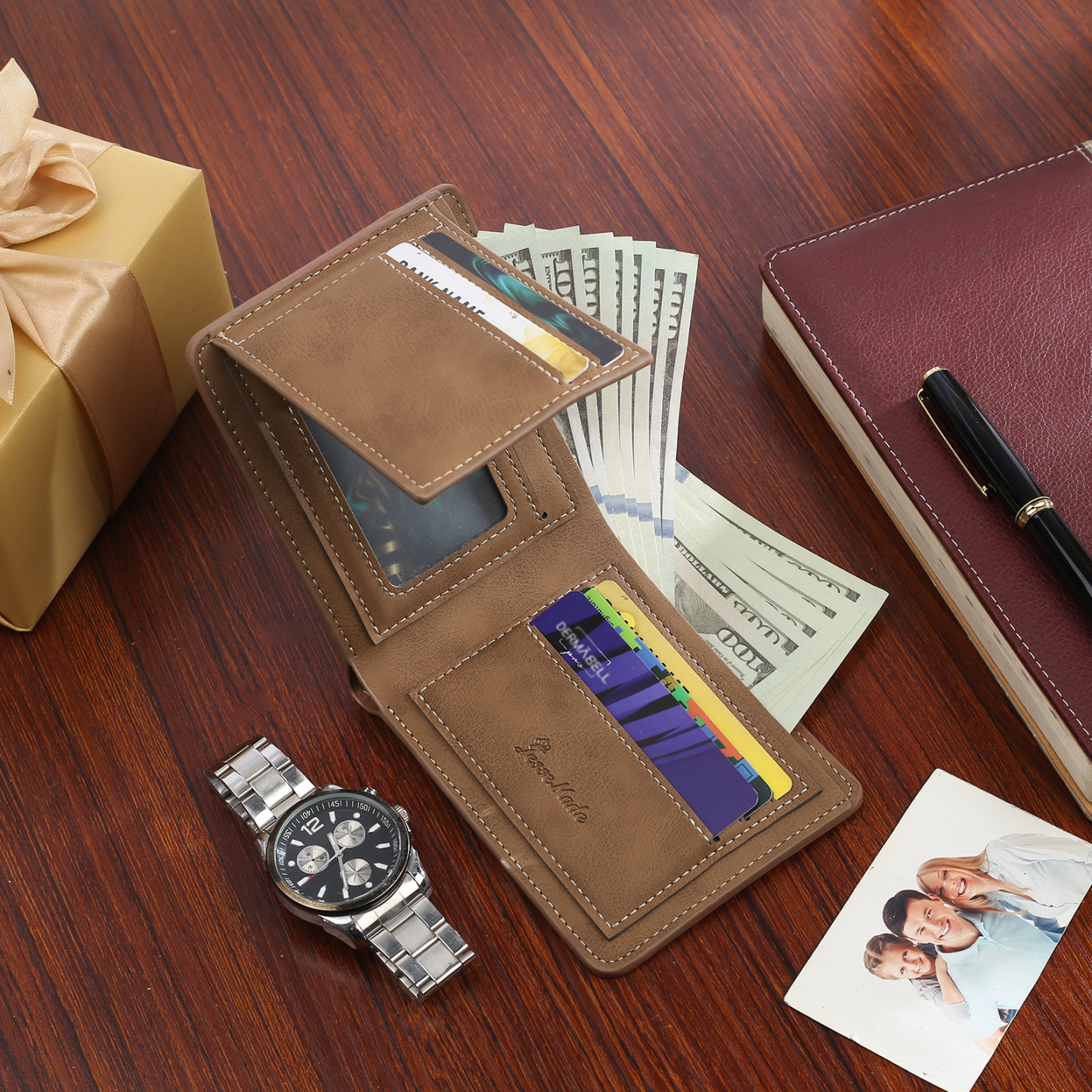 Personalised Wallet & Keyring Gift Set - Custom Photo Wallet & Leather Keyring Ideal Gift for Dad | Jessemade