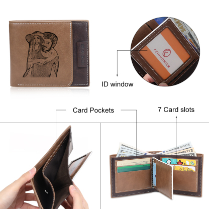 Brown Personalized Leather Wallet Engraved Photo Short Purse Folding Wallet Gifts For Men