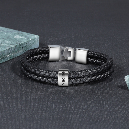Personalized Braided Leather Bracelet Engraved 1 Name Men's Bracelet Gifts For Him