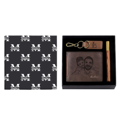 Personalized Leather Wallet Gift Box Set with Letter Name Keychain Customizable Photo and Text Wallet Gift for Him