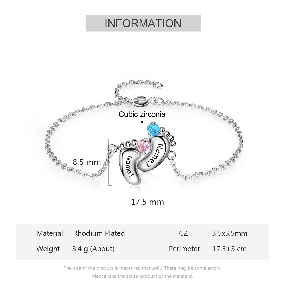 Personalized Baby Foot Bracelet With 2 Birthstones Engraved Names Gift For Mother