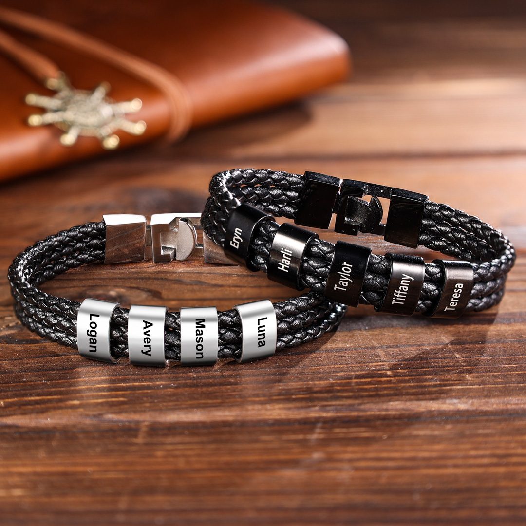 Personalized Braided Leather Bracelet Engraved 5 Names Men's Bracelet Gifts For Him