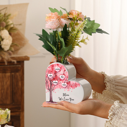 Personalized Heart Shaped Ceramic Vase With Pink Family Tree Customized With 1–12 Names