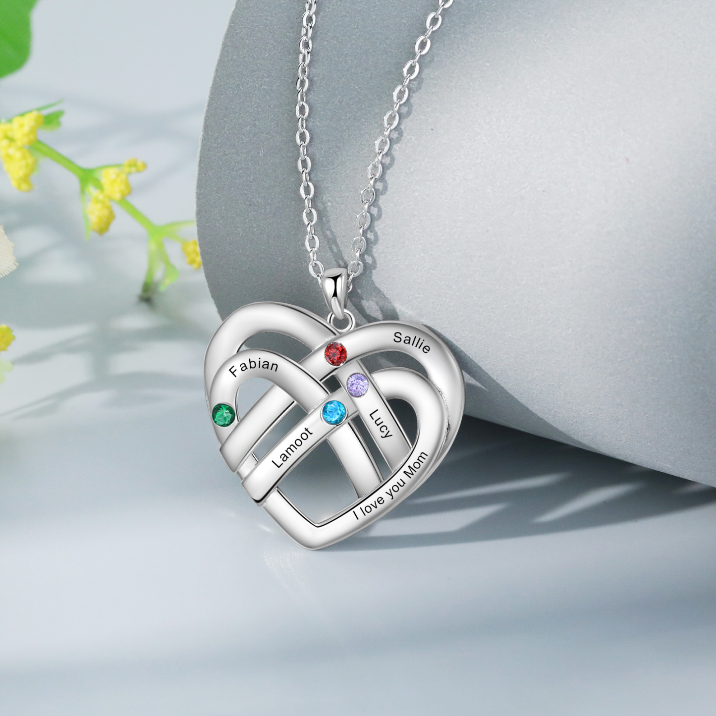 4 Names - Personalized Double Layer Heart Necklace with Custom Name and Birthstone, As a Mother's Day Gift for Mom