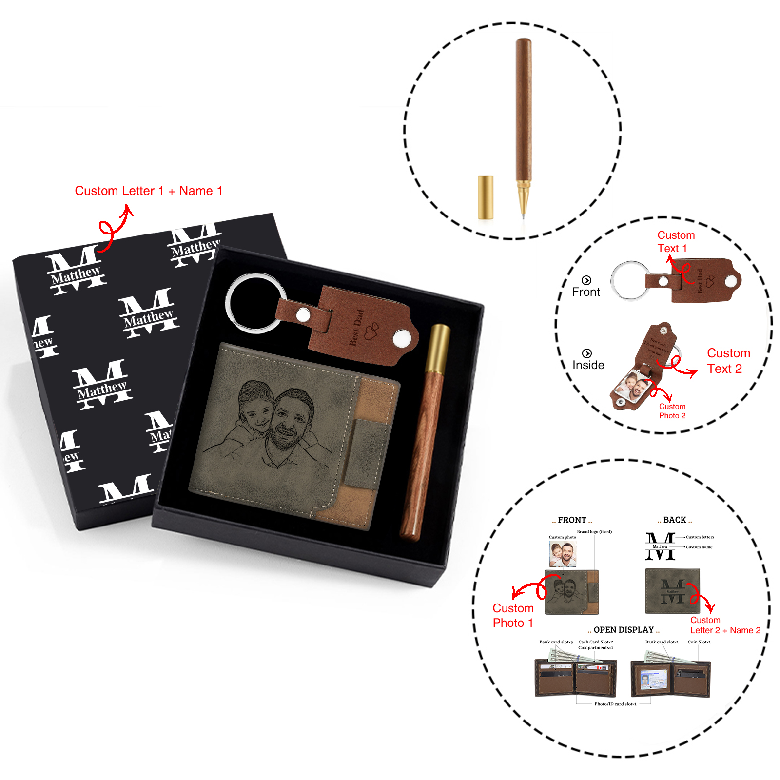 Personalized Leather Wallet Gift Box Set with Keychain Customizable Photo,Text ,Name and Letter Wallet Gift for Him