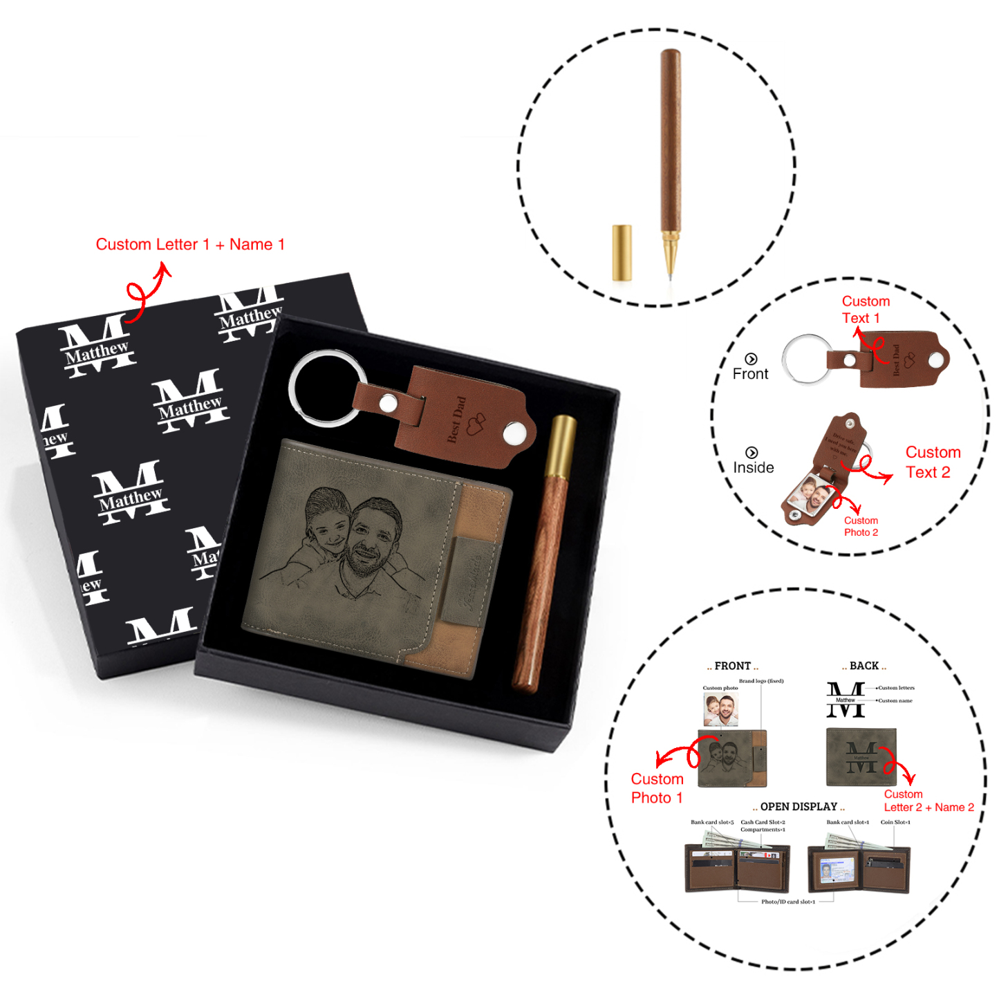 Personalized Leather Wallet Gift Box Set with Keychain Customizable Photo,Text ,Name and Letter Wallet Gift for Him