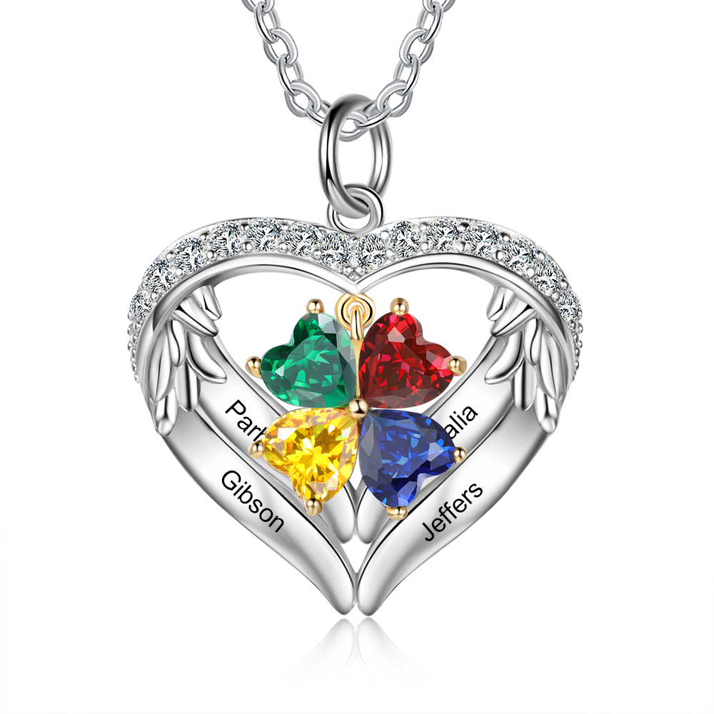 Personalized Wings S925 Silver Necklace With 4 Heart Birthstones Engraved Names Gift For Women
