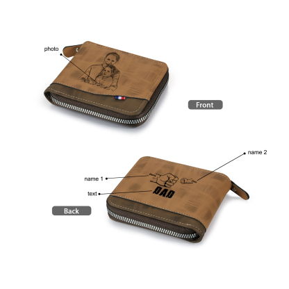 2 Names - Personalized Photo Custom Leather Men's Zipper Wallet as a Father's Day Gift for Dad