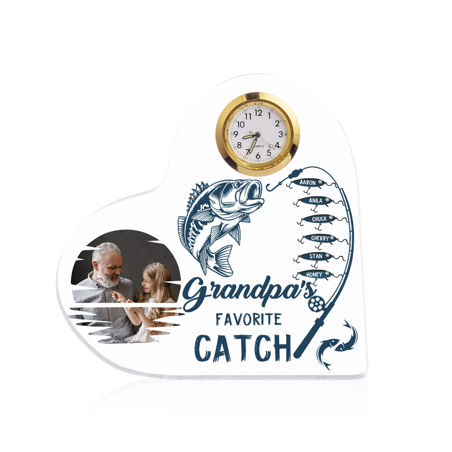 6 Names-Personalized Grandpa Name Acrylic Clock Ornament-Custom Acrylic Fishing Heart Keepsake Desktop for Family