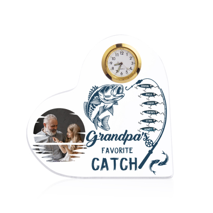 6 Names-Personalized Grandpa Name Acrylic Clock Ornament-Custom Acrylic Fishing Heart Keepsake Desktop for Family