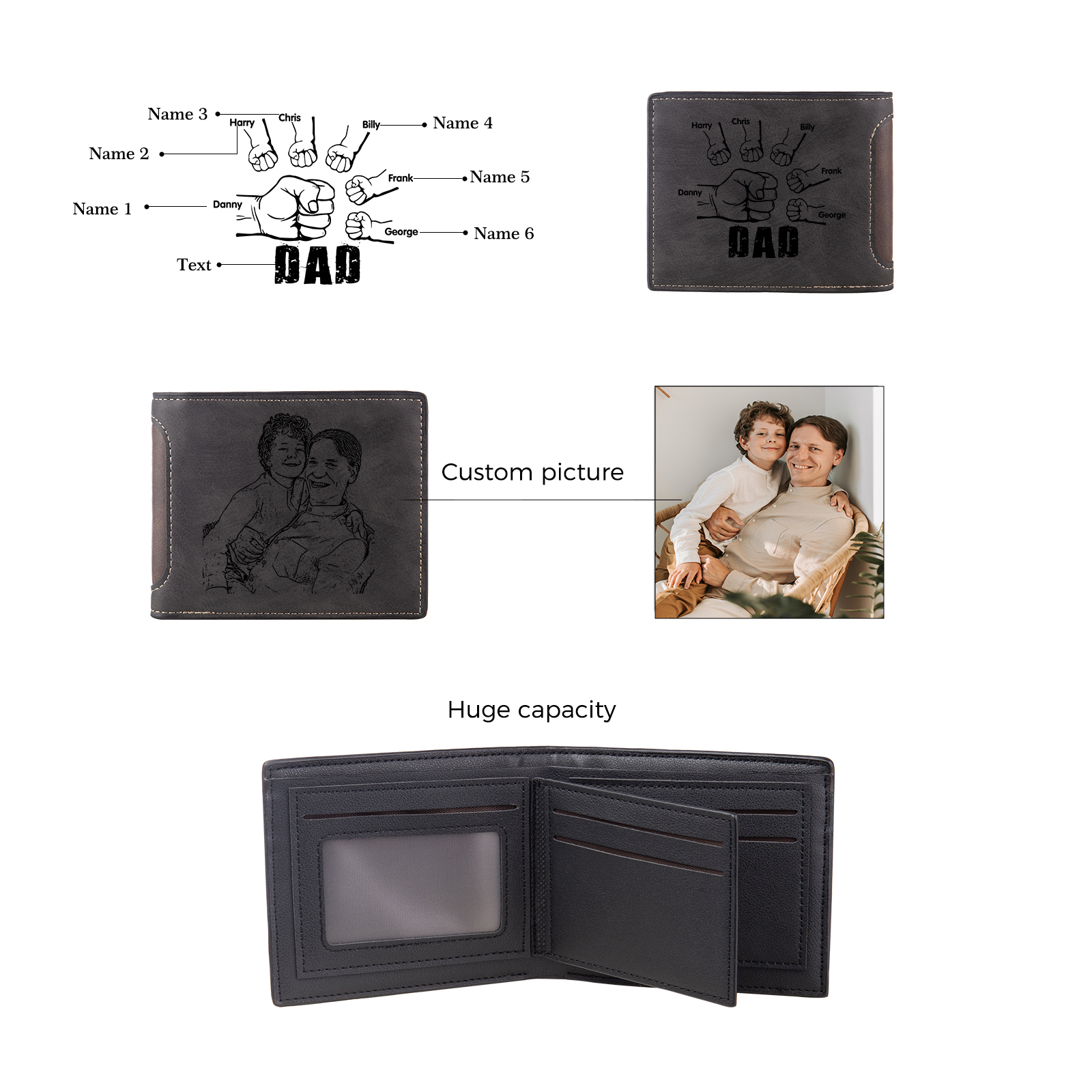 6 Names - Personalized Photo Custom Leather Men's Folding Wallet as a Father's Day Gift for Dad
