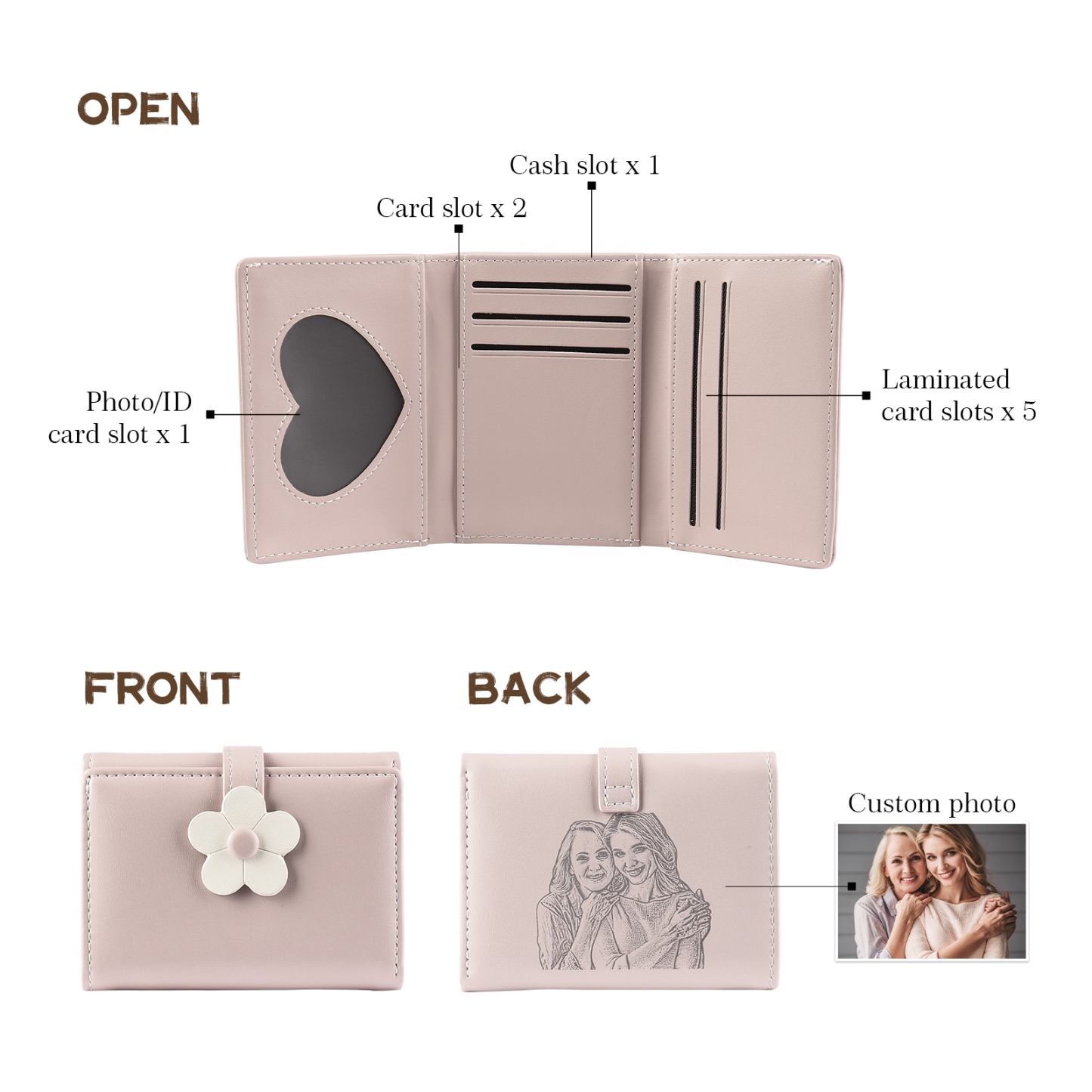 Women's Personalized Photo PU Leather Flower Wallet Coin Purse Four Colors Available Gift for Her