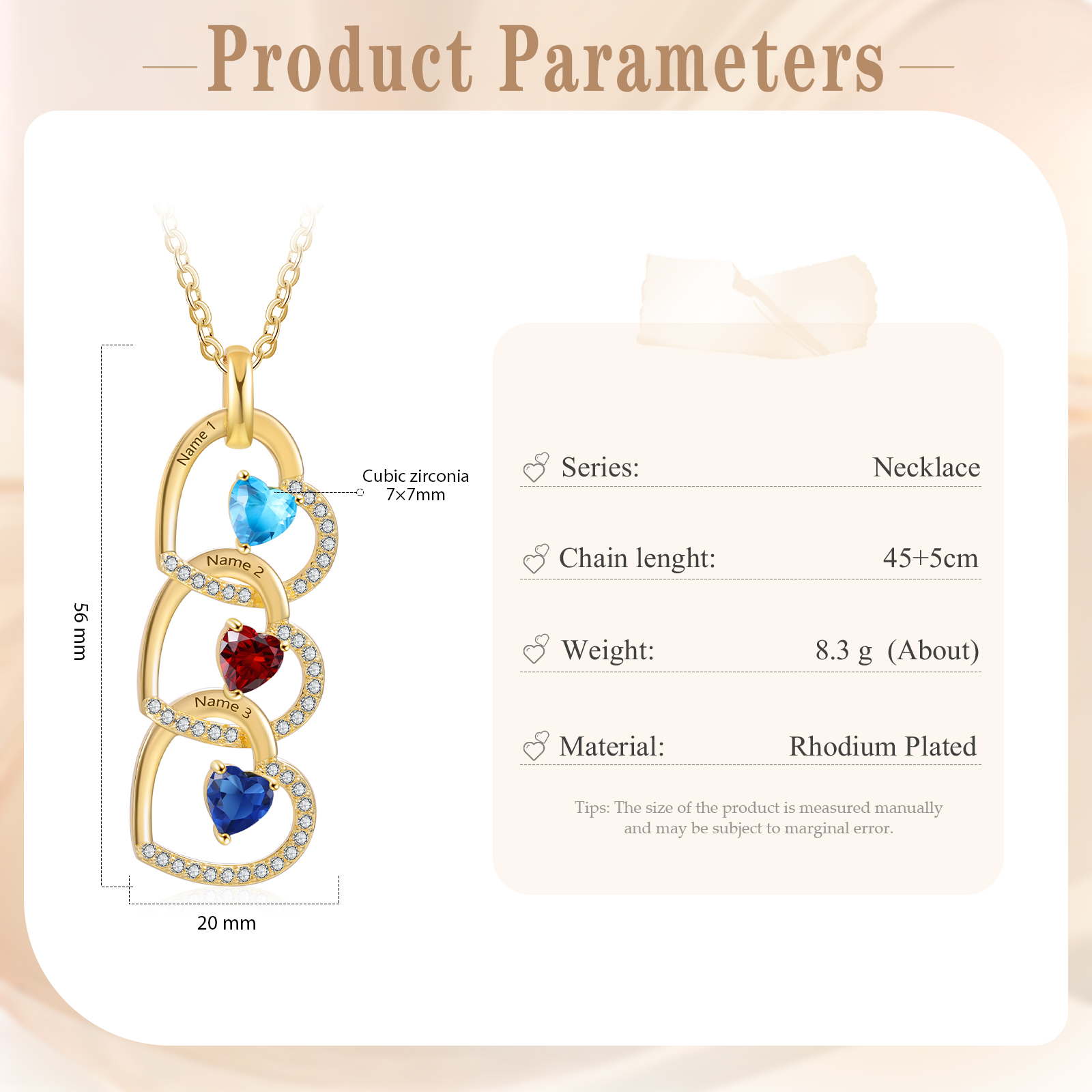 3 Names-Personalized Hearts Necklace Custom Birthstone Necklace Gifts for Mom