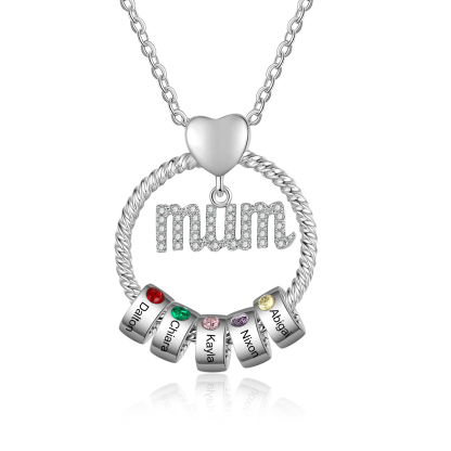 Personalized Circle Necklace With 5 Birthstones Pendant Engraved Names Gift For Mum