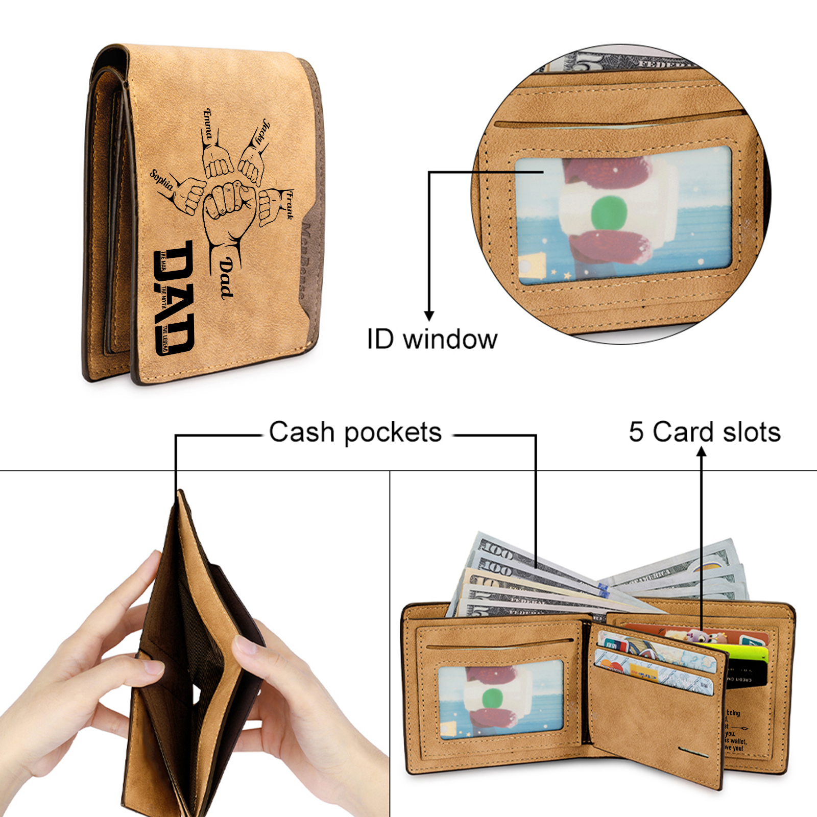 5 Names - Personalized Fist Bump Pattern Custom Name Leather Men's Wallet as a Father's Day Gift for Dad