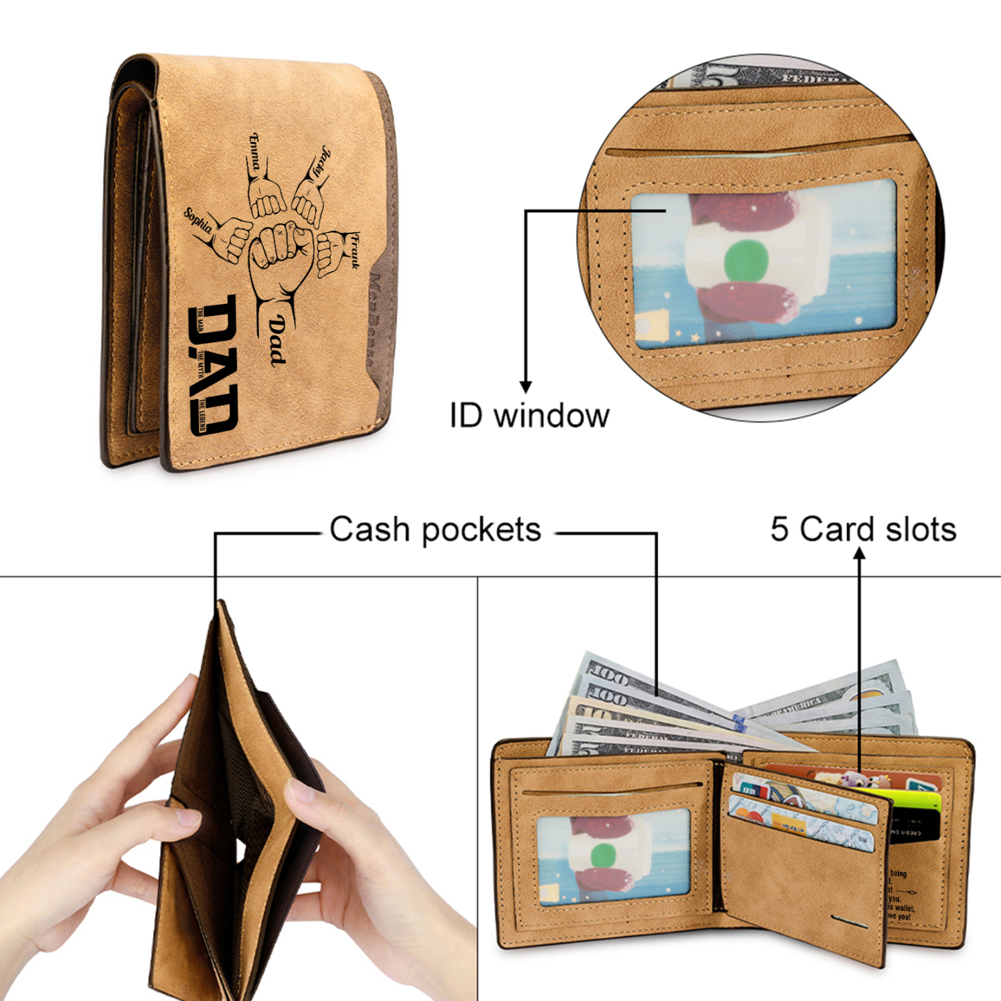 5 Names - Personalized Fist Bump Pattern Custom Name Leather Men's Wallet as a Father's Day Gift for Dad
