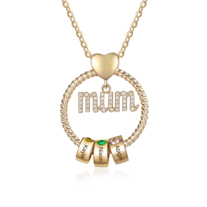 Personalized Circle Necklace With 3 Birthstones Pendant Engraved Names Gift For Mum