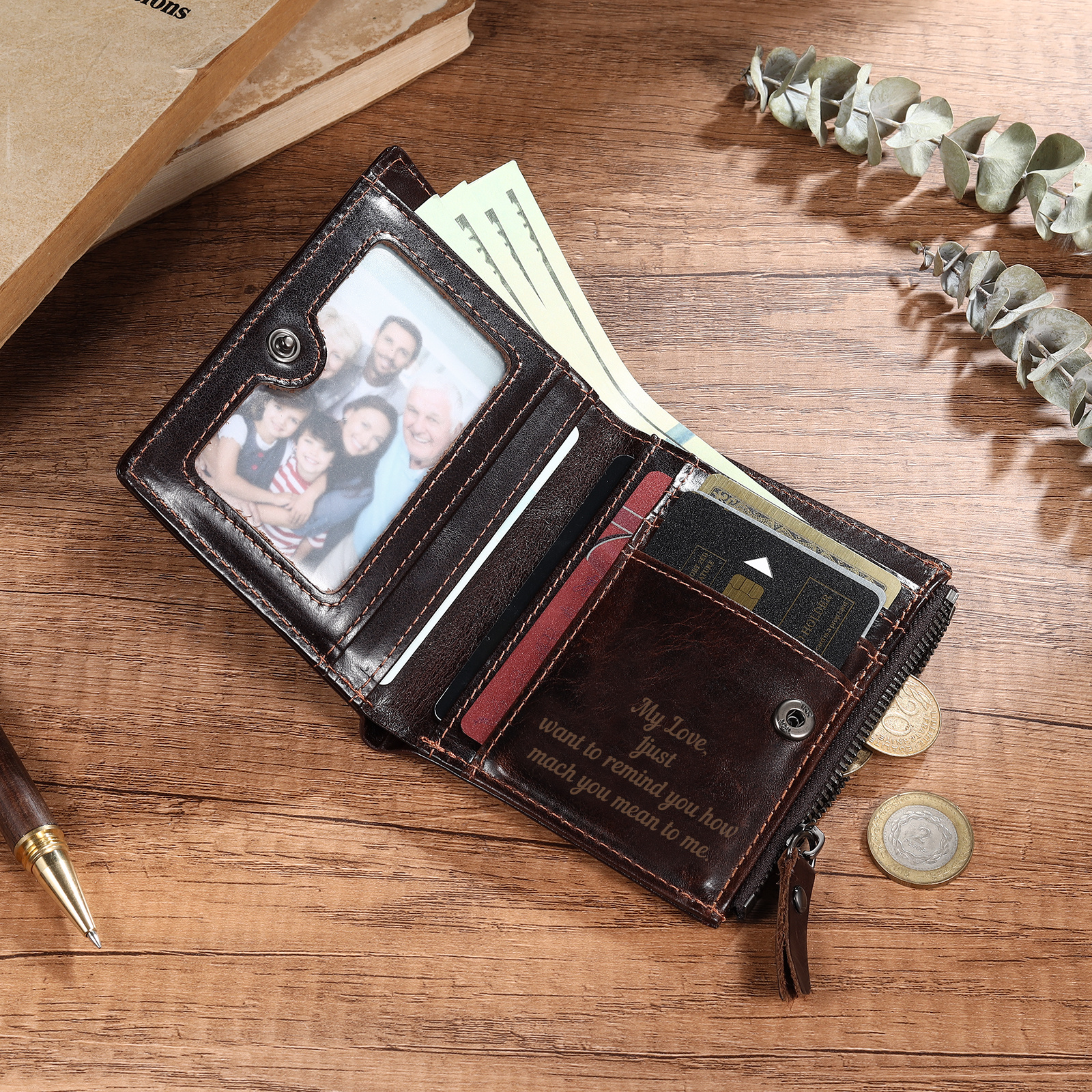 Personalized Leather RFID Bifold Wallet with Zipper for Men