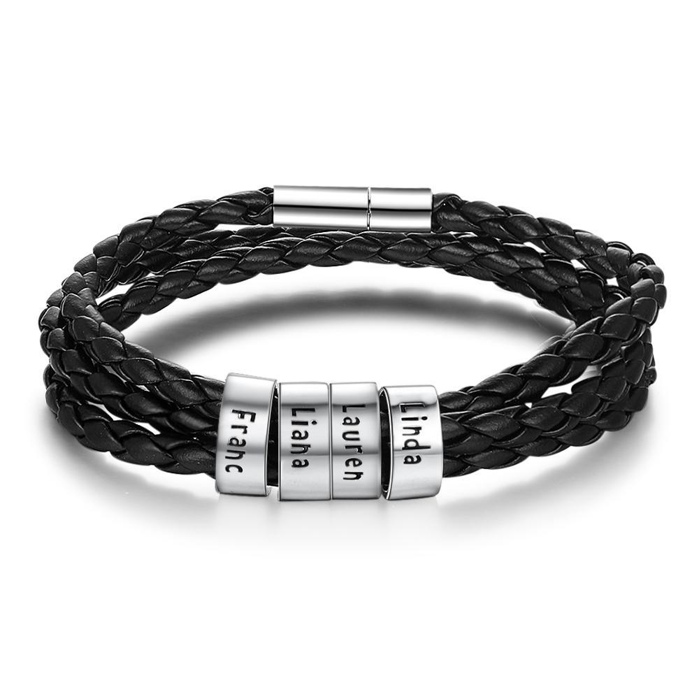 Mens Leather Braided Bracelet With 4 Custom Beads Engarved 4 Names Personalized Bracelet Black