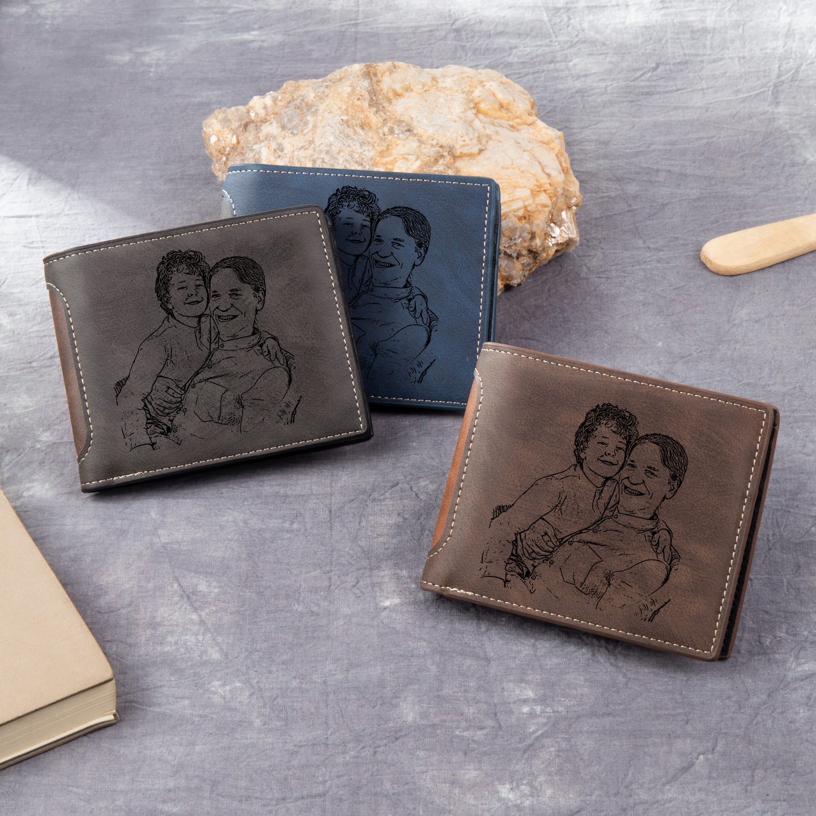 6 Names - Personalized Photo Custom Leather Men's Folding Wallet as a Father's Day Gift for Dad