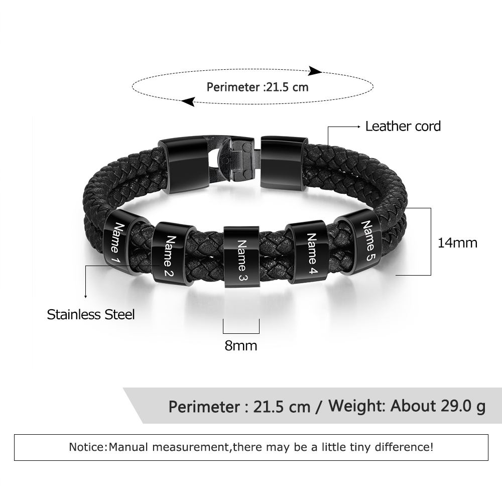 Personalized Braided Leather Bracelet Engraved 5 Names Men's Bracelet for Him