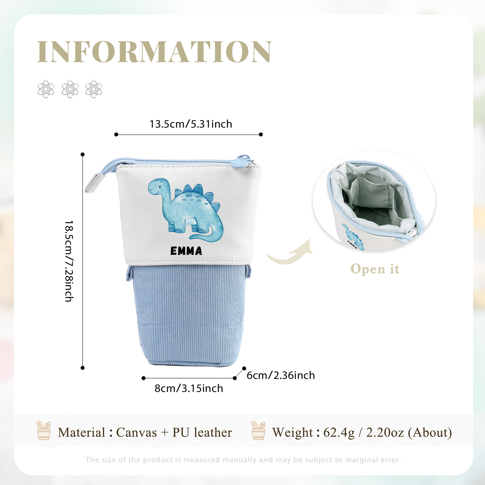 Back to School Gift Set -Personalized Gift Customized Name and Date Enamel Mug and Blue Dinosaur Pencil Case and Dinosaur Bracelet Set - Gift for Kids