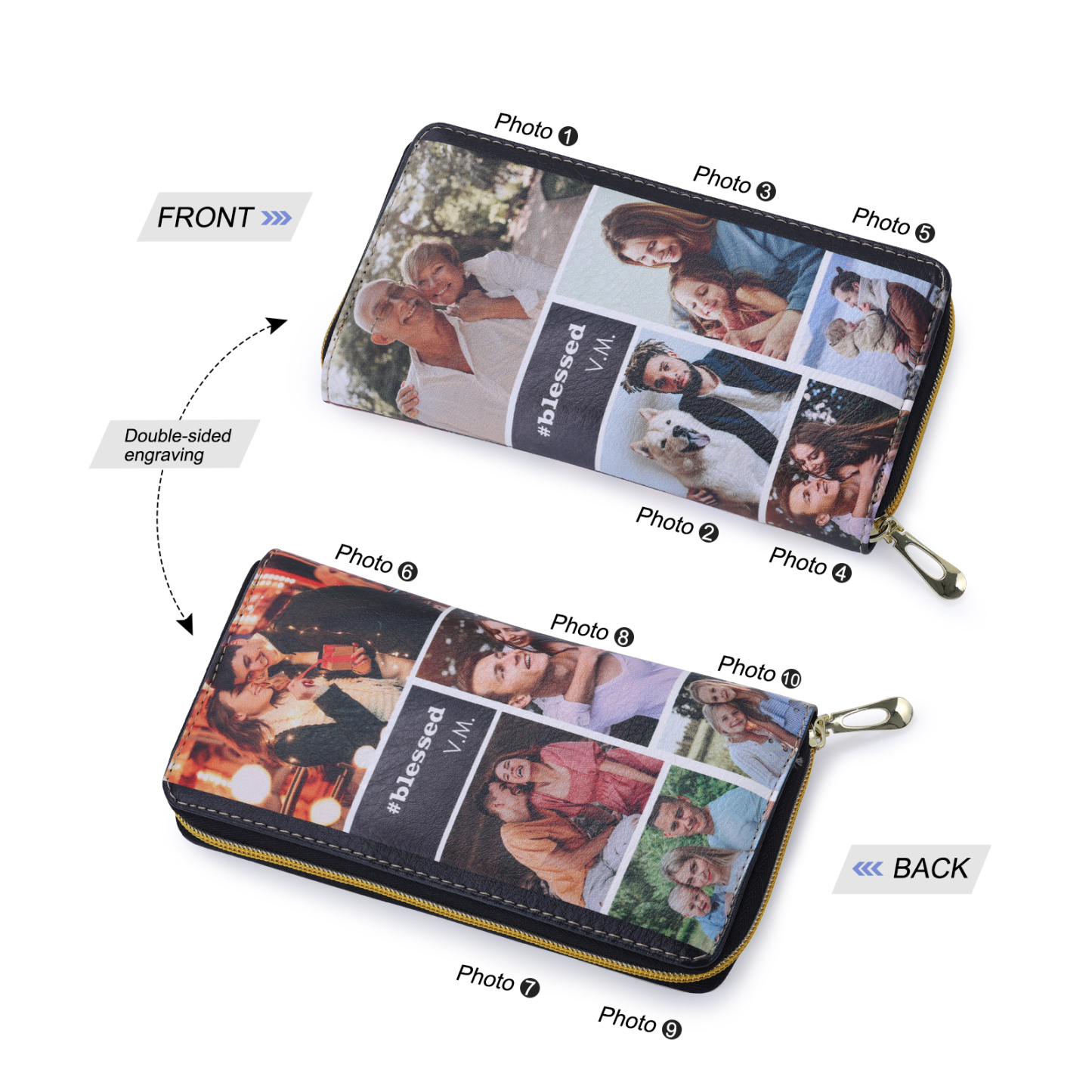 Long Purse Personalized Leather Wallet Engraved 10 Photos Zip Wallet Gifts For Women Men | Jessemade