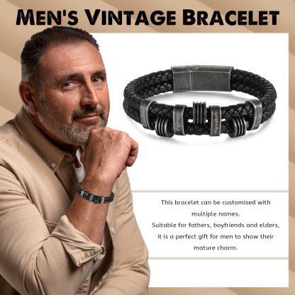 4 Names - Personalized PU Leather Men's Bracelet, Customized Name Bracelet with Gift Box Vintage Gift for Him