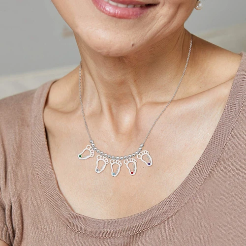 Personalized Baby Foot Engraved 5 Names Birthstones Necklace Gift For Mother