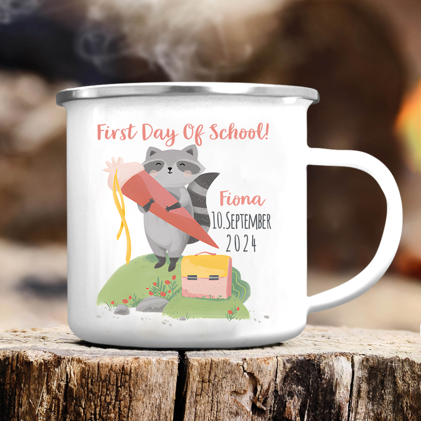 Personalized Name And Date Enamel Mug Children'S Raccoon Pattern Back To School Gift For Kid