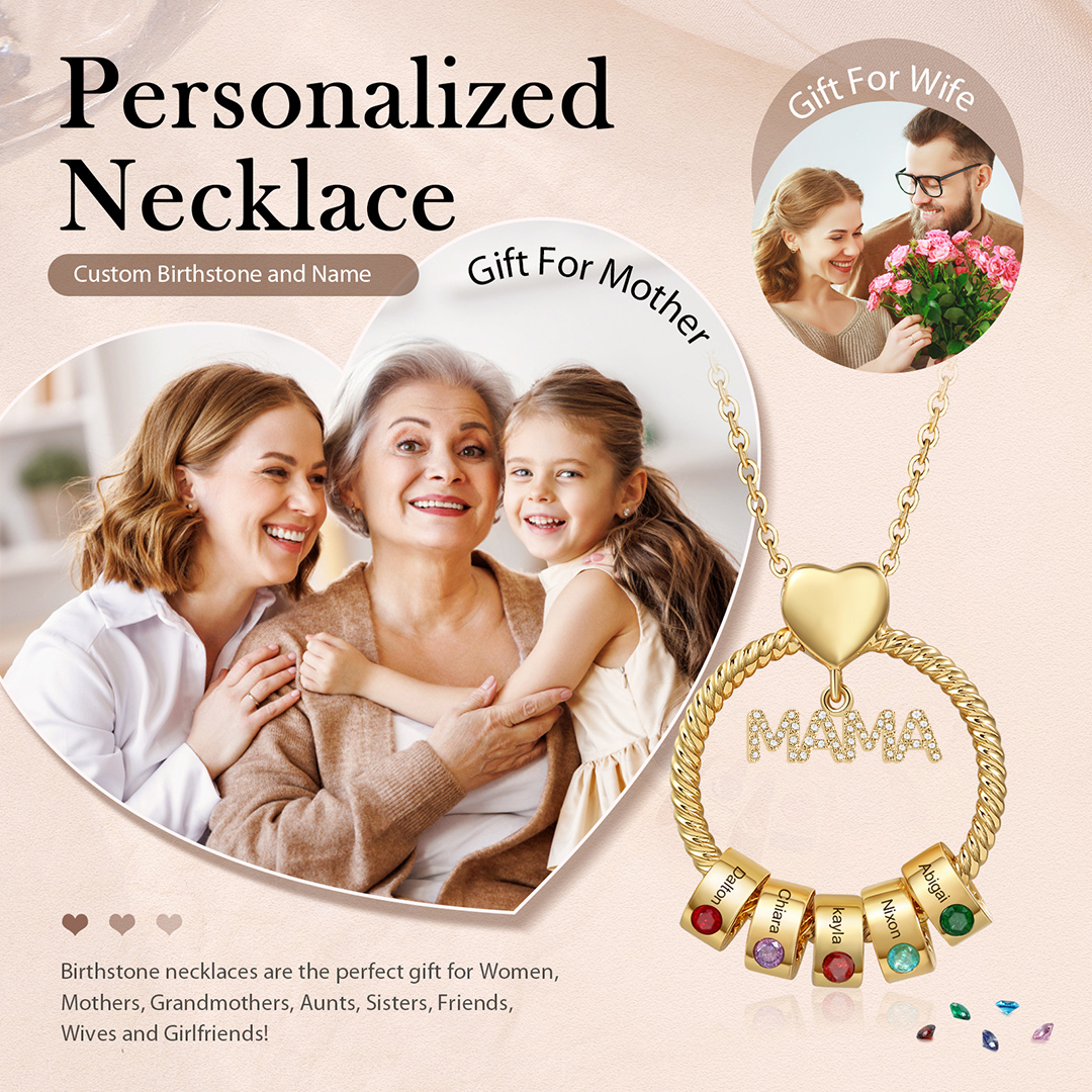 5 Names-Personalized Mom Necklace Set With  Premium Custom Necklace With 5 Birthstones Engraved Names Gift For Mother