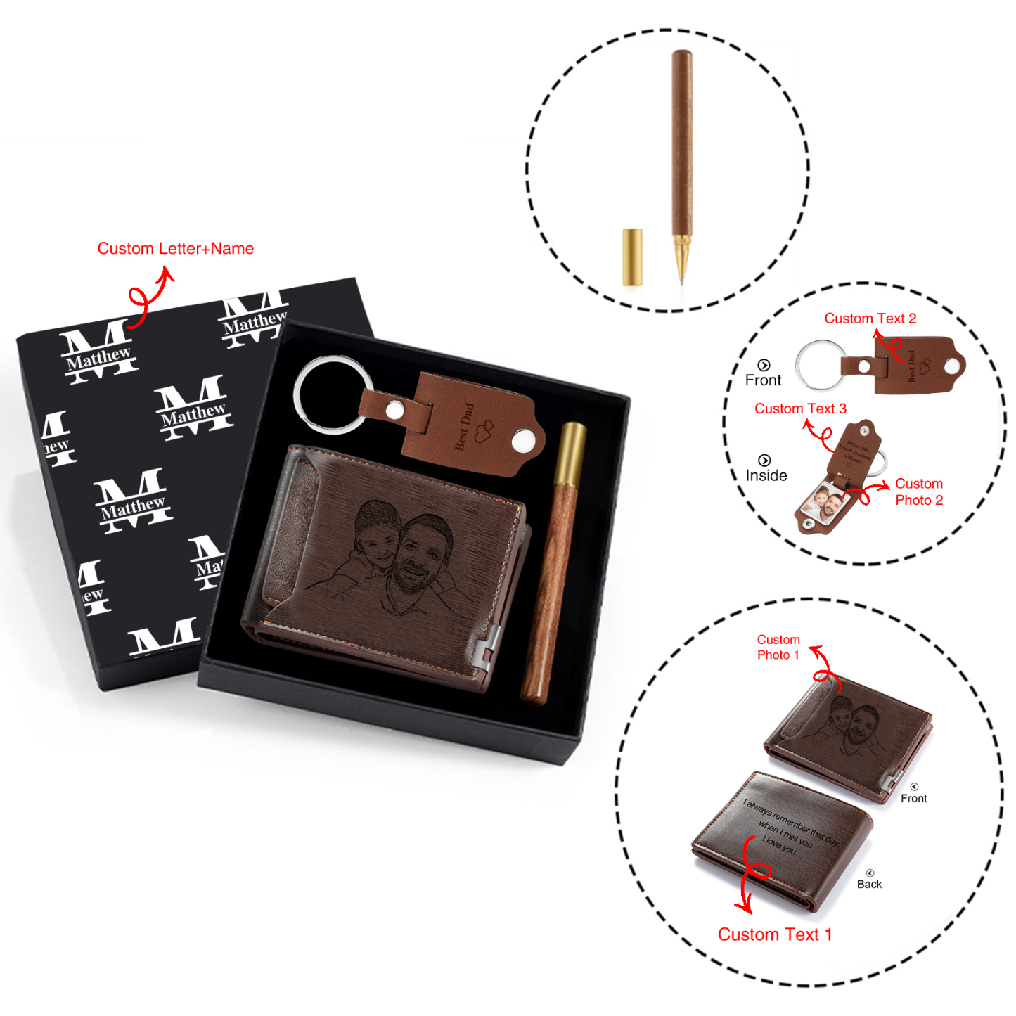 Personalized Leather Wallet Gift Box Set with Keychain Customizable 2 Photo, Name and 3 Text Wallet Gift for Him