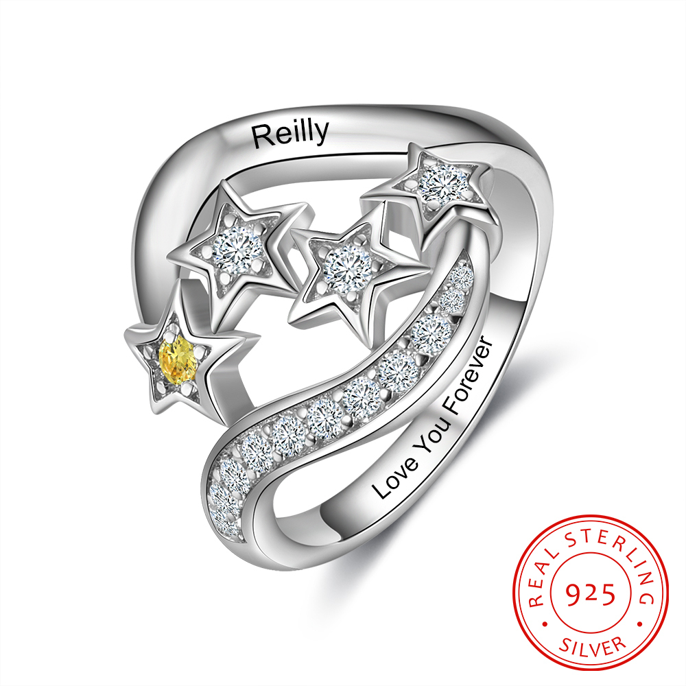 Personalized Star Ring With 1 Birthstone Engraved Names Ring Gift For Women