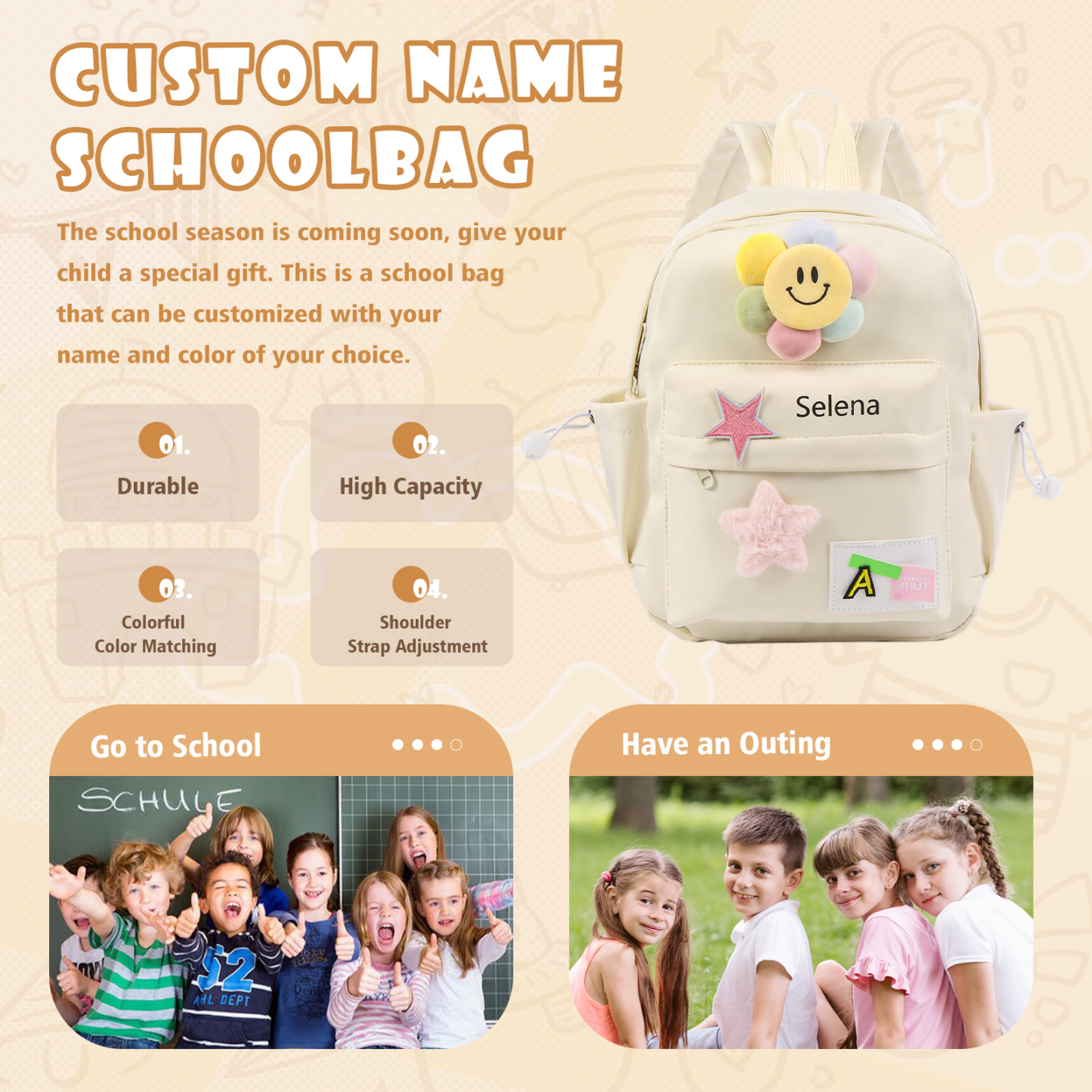 Personalized Nylon Polyester Children's Custom Name Backpack Back to School Gift