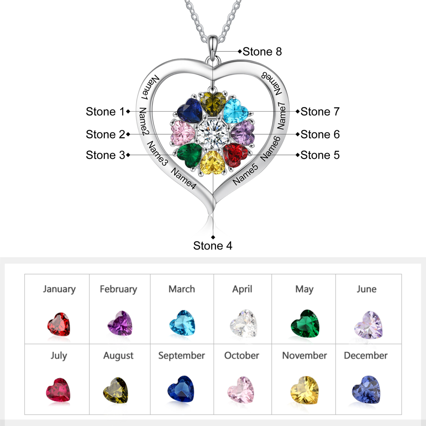 Personalized Heart Pendant Necklace with 8 Birthstones Engraved Names Family Necklace Gifts for Her