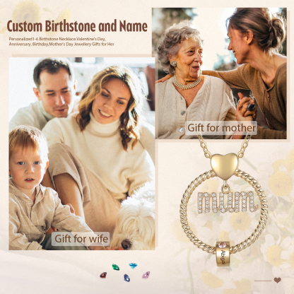 Personalized Circle Necklace With 1 Birthstone Pendant Engraved Names Gift For Mum