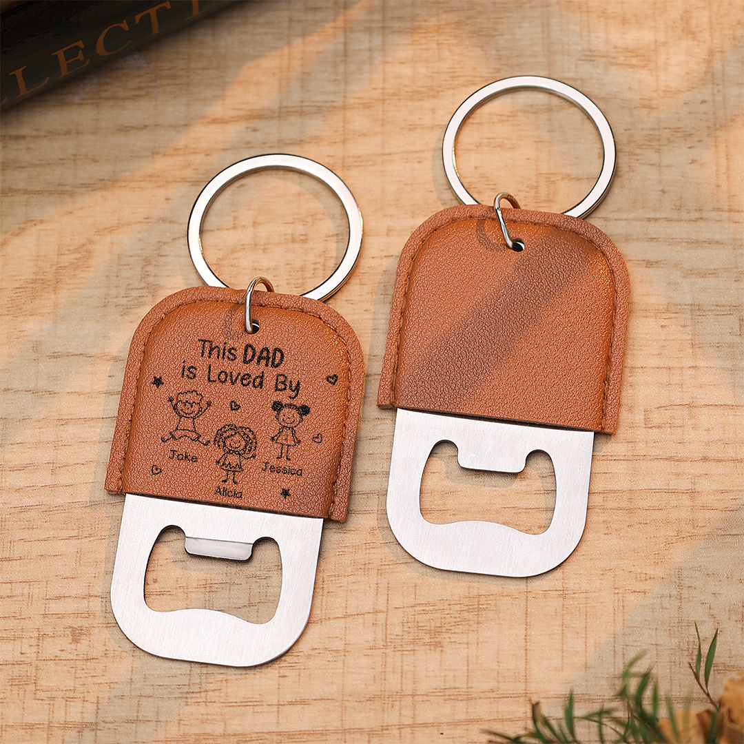 Personalized Leather Keychain With Bottle Opener Engraving with 1-6 Children’s Names