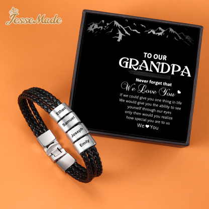 Personalized Braided Leather Bracelet Engraved 4 Names Men's Bracelet Gifts For Him