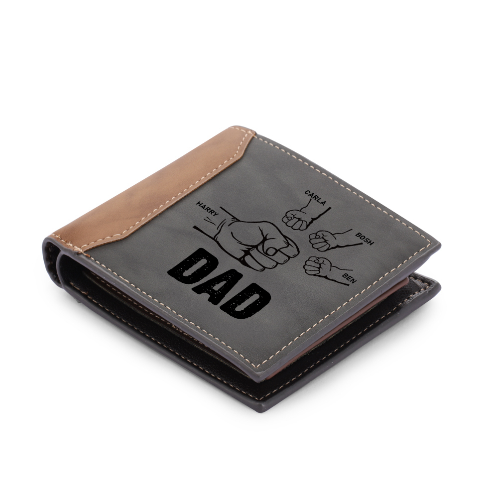 4 Names - Personalized Fist Bump Photo Custom Leather Men's  Wallet With Gift Box as a Father's Day Gift for Dad