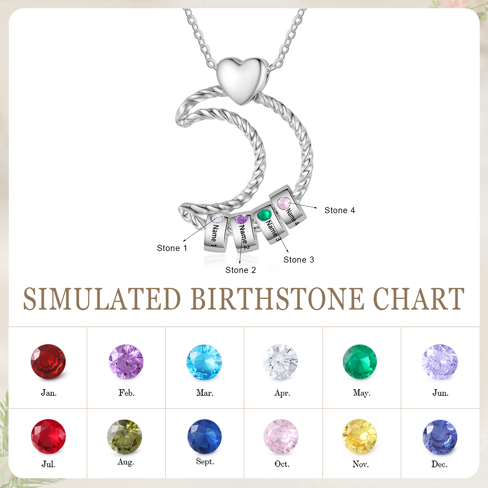 4 Names - Personalized Moon Pendant Necklace Custom Birthstones & Names Necklace Gift for Her | Jessemade