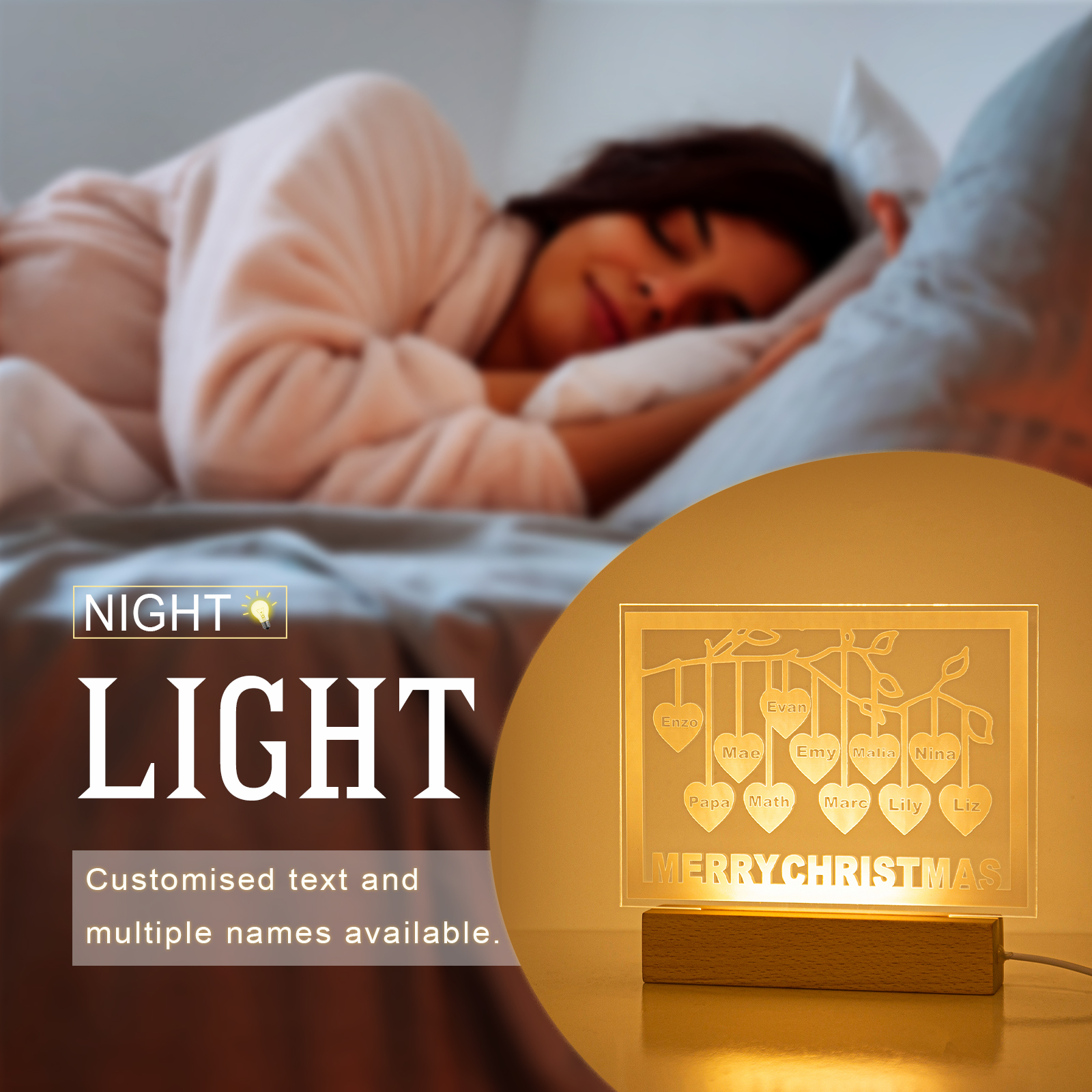 Personalized Family Tree Night Light LED Sign Engraved 11 Names Plaque USB Power Lamp